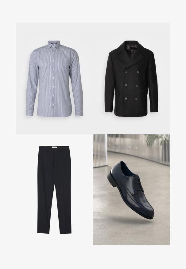 Isaac Dewhirst - Kurtka przejściowa; OLYMP No. Six - Koszula biznesowa; Czarne taliowane spodnie o gładkim przodzie, w standardowym fasonie, wykonane z gładkiej tkaniny, z prasowanymi zakładkami i bocznymi kieszeniami.; Lśniący czarny skórzany but na obcasie z sznurówkami, unoszący się nad gładką, jasnoszarym podłogą oraz pionowymi metalowymi prętami w tle.