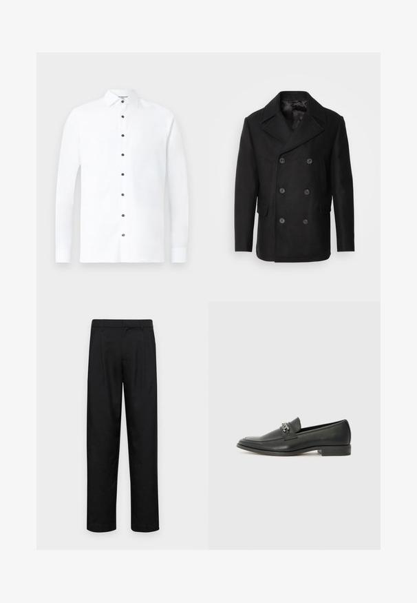 Isaac Dewhirst NEW SHORT PEACOAT SIDE ENTRY - Jas - black; Witte lange mouwen shirt van katoen, met een klassieke kraag, zwarte knoopsluiting en knoopmanchetten. Gladde textuur met een minimaal ontwerp.; Zwarte broeken van gladde stof, met een recht model, twee voorknikken en een standaard tailleband met riemlussen.; Zwarte leren instapper met een gladde afwerking, voorzien van een gestikt ontwerp en een decoratieve metalen kettingaccent over de wreef. Platte hak.