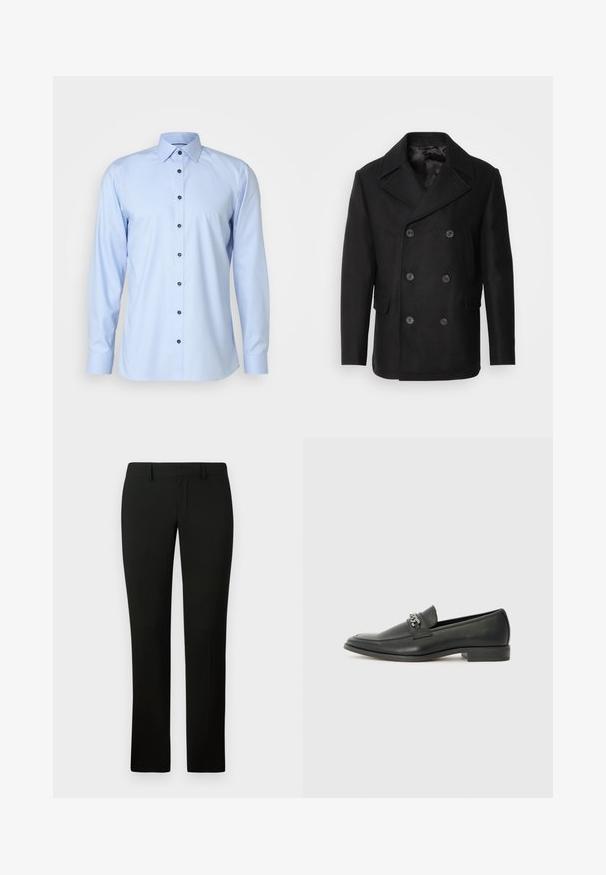 Isaac Dewhirst NEW SHORT PEACOAT SIDE ENTRY - Giacca da mezza stagione - black; OLYMP No. Six SIX SUPER SLIM - Camicia elegante - bleu; Pantaloni neri con una vestibilità sartoriale, caratterizzati da una superficie liscia e un design a gamba dritta. La vita ha passanti per la cintura e una finitura pulita.; Mocassino in pelle nera con finitura liscia, caratterizzato da un design cucito e da un accento decorativo in catena metallica sul vamp. Tacco piatto.