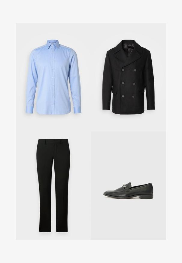 Isaac Dewhirst NEW SHORT PEACOAT SIDE ENTRY - Giacca da mezza stagione - black; Camicia blu chiaro con bottoni in tessuto morbido, caratterizzata da un colletto classico, maniche lunghe e cinque bottoni frontali con polsini abbinati.; Pantaloni neri con una vestibilità sartoriale, caratterizzati da una superficie liscia e un design a gamba dritta. La vita ha passanti per la cintura e una finitura pulita.; Mocassino in pelle nera con finitura liscia, caratterizzato da un design cucito e da un accento decorativo in catena metallica sul vamp. Tacco piatto.