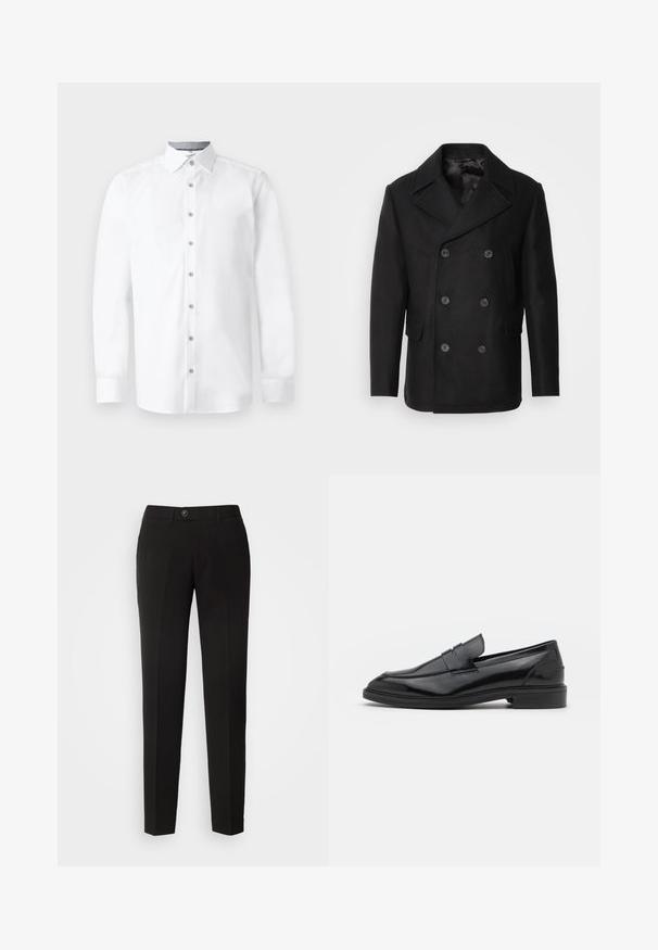 Isaac Dewhirst NEW SHORT PEACOAT SIDE ENTRY - Ľahká bunda - black; Biela košeľa s dlhými rukávmi, zapínaním na gombíky vpredu, s ostrým golierom a hladkou textúrou. Má šesť gombíkov a manžetové rukávy.; Čierne nohavice s rovnými nohavicami vyrobené z hladkej tkaniny, s gombíkovým zapínaním a bočnými vreckami v klasickom dizajne.; Čierne kožené loaferky s hladkým povrchom, s okrúhlou špičkou a úzkym pásom cez vrch. Nízky vrstvený podpätok.