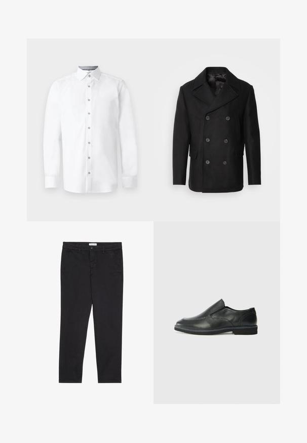 Isaac Dewhirst NEW SHORT PEACOAT SIDE ENTRY - Viegla jaka - black; Balta krekliņa ar garām piedurknēm, pogām priekšpusē, norādītām apkaklēm un gludu tekstūru. Ievērojami seši pogas un aproces piedurknes.; Melni kokvilnas bikses ar šauru piegriezumu, kurām ir divas sānu kabatas un priekšējā pogu aizdare. Tekstūrēta auduma ar smalku detalizāciju.; Melnas ādas slip-on kurpes ar gludu augšdaļu, izšūtām akcentiem, noapaļotu purngala daļu un zemu gumijas papēdi. Zole ar minimālu rakstu.