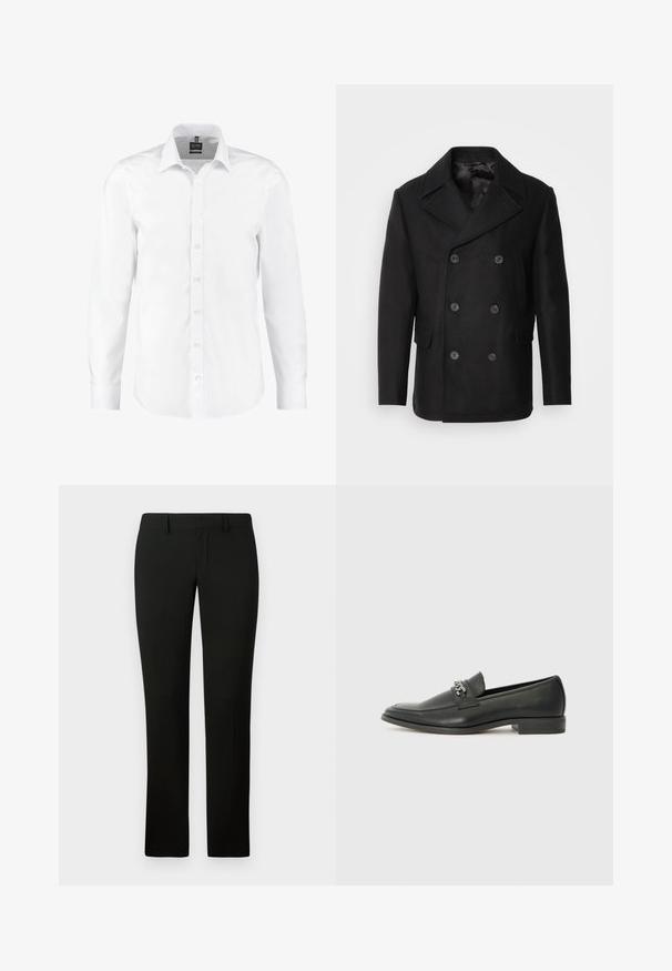 Isaac Dewhirst NEW SHORT PEACOAT SIDE ENTRY - Mezisezónní bunda - black; Bílá dlouhá košile s dlouhými rukávy vyrobená z hladkého materiálu, s klasickým límcem, knoflíkovým zapínáním vpředu a manžetami s jedním knoflíkem. Bez vzorů či akcentů.; Černé kalhoty s přiléhavým střihem, vyrobené z hladké látky a s rovnými nohavicemi. Pas má poutka na opasek a čistý vzhled.; Černé kožené mokasíny s hladkým povrchem, s prošívaným designem a dekoračním kovovým řetízkem přes nárt. Plochý podpatek.