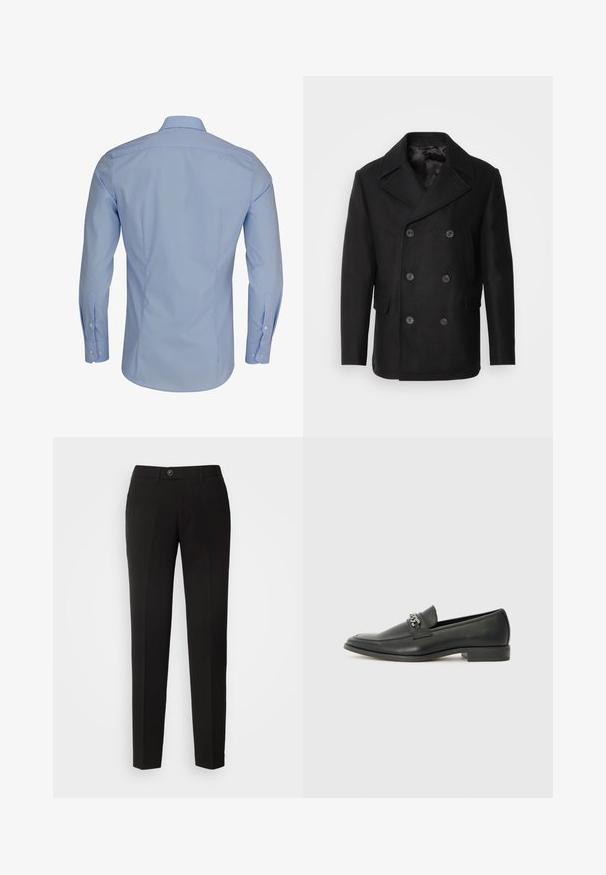 Isaac Dewhirst NEW SHORT PEACOAT SIDE ENTRY - Viegla jaka - black; Gaiši zila garo piedurkņu krekls ar pogām pie apkakles, kura pamatmateriāls ir gluds un piegriezums ir piegulošs, izceļoties ar baltu pogu detaļām.; Melnas taisnas kājas bikses, izgatavotas no gludas auduma, ar pogu aizdari un sānu kabatām klasiskā dizainā.; Melna ādas loafer izmēra apavi ar gludu virsmu, piedāvā ar šūtu dizainu un dekoratīvu metāla ķēdes akcentu pār vampu. Plakana papēža daļa.