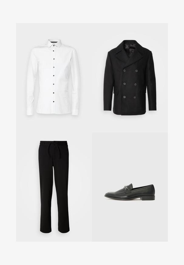 Isaac Dewhirst NEW SHORT PEACOAT SIDE ENTRY - Veste mi-saison - black; OLYMP No. Six PERFORMANC - Chemise classique - weiss; Pantalons de survêtement noirs avec une taille élastique à cordon, fabriqués à partir d'un tissu doux et extensible. Présente une coupe décontractée avec des jambes droites et sans poches visibles.; Mocassin en cuir noir avec une finition lisse, présentant un design cousu et une accent décoratif en chaîne métallique sur le rand. Talon plat.