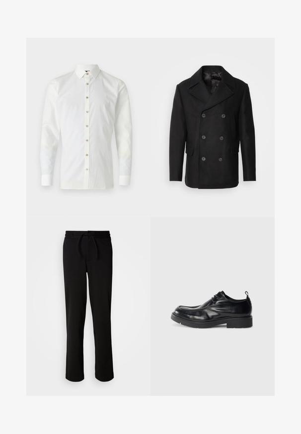 Isaac Dewhirst NEW SHORT PEACOAT SIDE ENTRY - Kerge jope - black; Valge pika varrukaga särk, mis on valmistatud siledast kangast, millel on terav krae, kergepruunide nuppudega nööpidega ees ja mansetid.; Mustad mustad püksid, millel on paelaga vöökoht, valmistatud pehmest ja venivast kangast. Omab lõdva istuvust sirgete jalgadega ning nähtavaid taskuid ei ole.; Must musta kingad, ümarate varvastega, nööpidega esiosaga ja dekoratiivse õmblusega. Omab paksu, tekstureeritud kummist talla ja kandetappi.