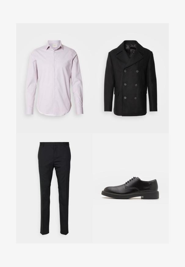 Isaac Dewhirst NEW SHORT PEACOAT SIDE ENTRY - Jachetă subțire - black; Cămașă roz deschis cu mânecă lungă, decorată cu buline albe mici, guler cu nasturi și margine rotunjită. Fabricată dintr-un material neted cu o ușoară strălucire.; Pantaloni negri, croiți, cu o potrivire dreaptă, dintr-un material neted. Au curea de brâu și detaliu de pliuri pe față.; Pantofii din piele neagră, cu șireturi, au vârful rotunjit, o textură netedă, cusături minime și un toc de cauciuc scăzut. Logo pe toc.