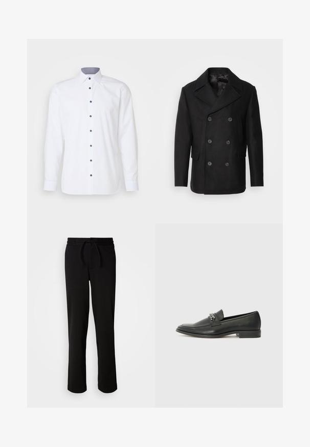 Isaac Dewhirst NEW SHORT PEACOAT SIDE ENTRY - Jachetă subțire - black; OLYMP No. Six Cămașă elegantă - weiss; Pantaloni de trening negri, cu talie elastică și șnur, dintr-un material moale și elastic. Au o croială lejeră, cu picioare drepte și fără buzunare vizibile.; Pantofii negri din piele cu un finisaj neted, având un design cusut și un accent decorativ de lanț metalic peste partea de sus. Toc plat.