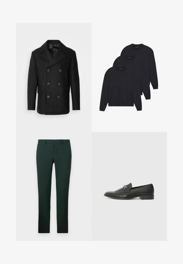 Isaac Dewhirst NEW SHORT PEACOAT SIDE ENTRY - Casaco leve - black; Três camisas pretas de manga longa, feitas de tecido macio, com decotes redondos e punhos ajustados. Design minimalista sem padrões visíveis.; Calças verde-escuras com um design de perna reta, feitas de um tecido suave. Apresentam um frente plana e uma cintura padrão com passantes para cinto.; Sapatilha de couro preta com um acabamento suave, apresentando um design cosido e um detalhe decorativo de corrente de metal atravessando o peito do pé. Salto baixo.