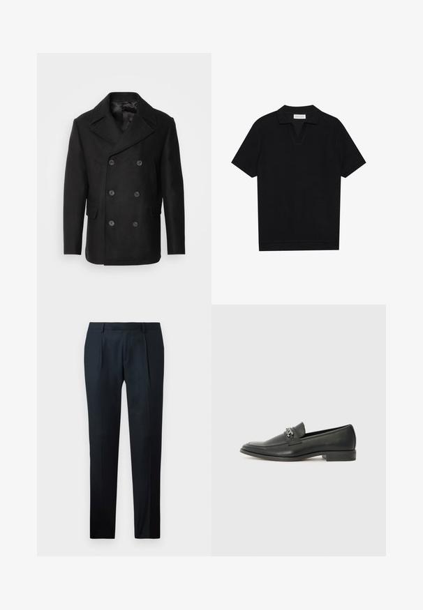 Isaac Dewhirst NEW SHORT PEACOAT SIDE ENTRY - Lengva striukė - black; Juodas trumpas rankovėmis polo marškinėliai su tekstūruota, grioveliais audiniu, turi V formos iškirptę ir tiesų apačią. Nėra matomų logotipų ar raštų.; Juodi pritaikyti kelniai, pagaminti iš lygaus Audinio, su lieknu siluetu, dviem priekiniais klostėmis ir plokščiu liemeniu be matomų detalių.; Juodos odinės loafer tipo bateliai su lygiu paviršiumi, turintys siuvinėtą dizainą ir dekoratyvų metalo grandinėlės akcentą ant batų viršaus. Plokščias kulnas.