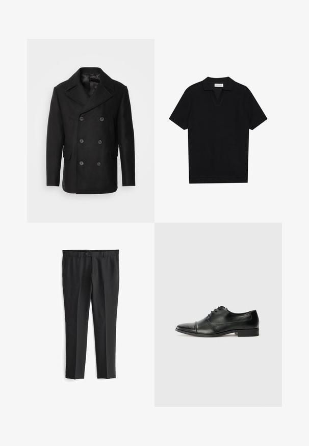 Isaac Dewhirst NEW SHORT PEACOAT SIDE ENTRY - Giacca da mezza stagione - black; Polo shirt nera a maniche corte in tessuto texturizzato a coste, con scollo a V e orlo dritto. Nessun logo o motivo visibile.; Pantaloni neri su misura con fronte piatto, due tasche laterali e chiusura con bottone. Tessuto liscio e dal design a gamba dritta.; Scarpe eleganti in pelle nera con punta affusolata, lacci e dettagli di cucitura sottili. Presentano un tacco a blocco basso e una finitura lucida e liscia.