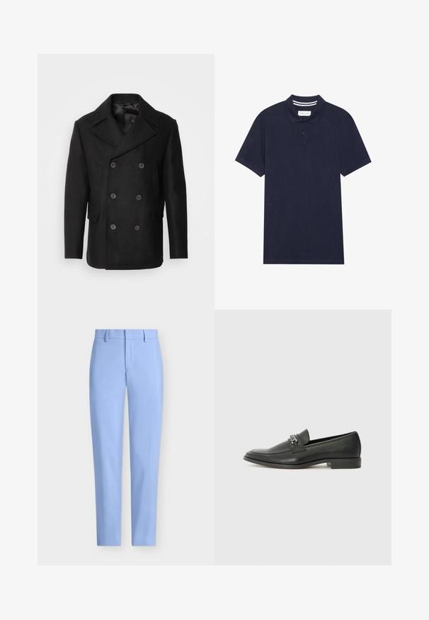 Isaac Dewhirst NEW SHORT PEACOAT SIDE ENTRY - Lagana jakna - black; Polo majica tamnoplave boje od teksturiranog materijala, s tri dugmeta na prednjem dijelu, kratkim rukavima i detaljima na ovratniku u prugama.; Svijetloplave krojene hlače s glatkom teksturom, ravnog kroja i prednjim džepom. Imaju petlje za remen i zatvaranje na munje.; Crna kožna loafer cipela s glatkom finišem, s ušivenim uzorkom i dekorativnim metalnim lancem preko prednjeg dijela. Ravni potplat.