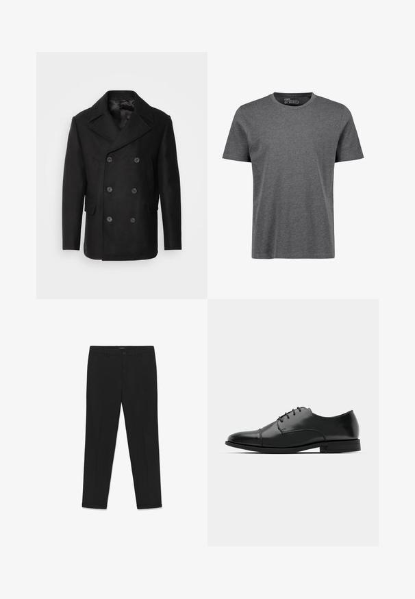 Isaac Dewhirst NEW SHORT PEACOAT SIDE ENTRY - Lagana jakna - black; Siva, regular-fit kratki rukav T-shirt izrađen od mekanog materijala. Ima okrugli izrez i ramene šavove s minimalnim detaljima šivanja.; Crne hlače od glatkog materijala, uskog kroja, ravnog prednjeg dijela, s dvije bočne džepa i zakopčanjem na gumb u struku.; Crne kožne cipele s okruglim prstom, s vezanjem, suptilnim detaljima šivanja i niskim potplatima. Glatka tekstura s poliranim finišem.