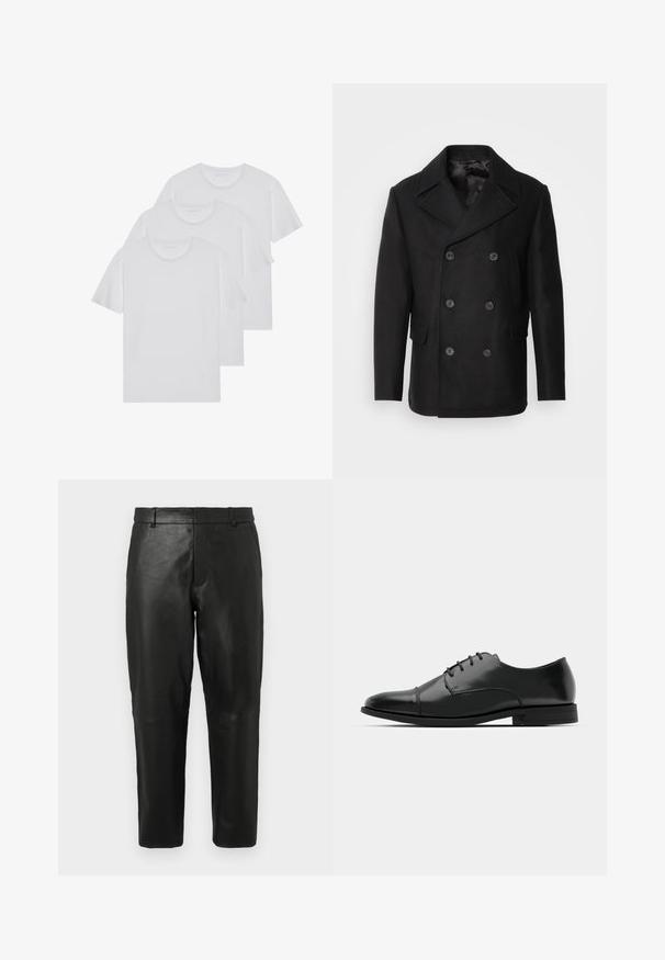 Isaac Dewhirst NEW SHORT PEACOAT SIDE ENTRY - Jas - black; Drie witte T-shirts van zacht katoen, met korte mouwen en een ronde hals, keurig gestapeld met minimale stikdetails.; Zwarte leren rechte broek met riemlussen en zijzakken, weergegeven tegen een effen lichte achtergrond.; Zwarte leren dresschoenen met een ronde neus, vetersluiting, subtiele stiksels en een lage hak. Glad oppervlak met gepolijste afwerking.