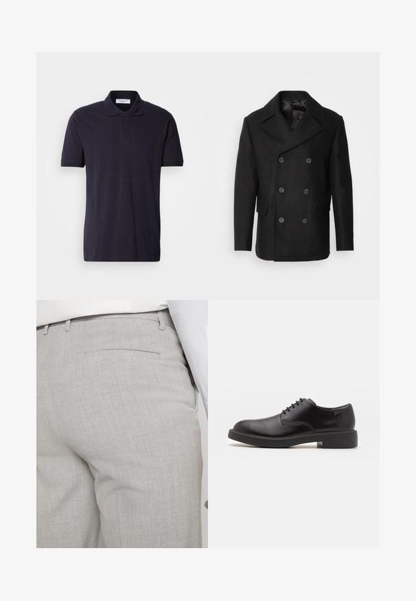 Isaac Dewhirst NEW SHORT PEACOAT SIDE ENTRY - Ľahká bunda - black; Námornícka modrá polo tričko vyrobené z bavlny, s golierom, krátkymi rukávmi a nenápadným logom vyšitou na hrudi.; Svetlosivé nohavice na mieru vyrobené zo štruktúrovanej látky, s jedným zadným vreckom a čistým prešívaním.; Čierne kožené šnurovacie topánky s okrúhlou špičkou, hladkým povrchom, minimálnym prešívaním a nízkym gumovým podpätkom. Logo na podpätku.