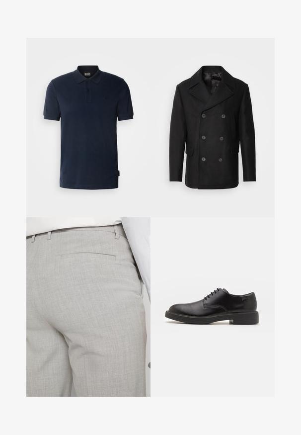 Isaac Dewhirst NEW SHORT PEACOAT SIDE ENTRY - Ľahká bunda - black; Námornícko modrá polo košeľa vyrobená z bavlny, s klasickým golierom, tromi gombíkmi, krátkymi rukávmi a malým logom na ľavej hrudi.; Svetlosivé nohavice na mieru vyrobené zo štruktúrovanej látky, s jedným zadným vreckom a čistým prešívaním.; Čierne kožené šnurovacie topánky s okrúhlou špičkou, hladkým povrchom, minimálnym prešívaním a nízkym gumovým podpätkom. Logo na podpätku.