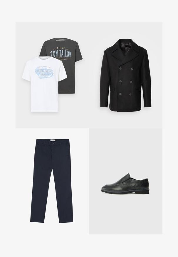 Isaac Dewhirst NEW SHORT PEACOAT SIDE ENTRY - Kerge jope - black; Kaks puuvillast T-särki: üks valge sinise ja oranži graafilise tekstiga ning teine tumehall sinise ja valge tekstiga, mõlemad lühikeste varrukatega.; Tumedad sinised puuvillased chinos, millel on sile tekstuur, suletav lukuga, vöödetailid ja küljetaskud praktilisuse tagamiseks.; Must musta laia suuga king, millel on sile ülemine osa, õmmeldud detailid, ümmargune nina ja madal kummist konts. Tallal on minimaalne mustr.