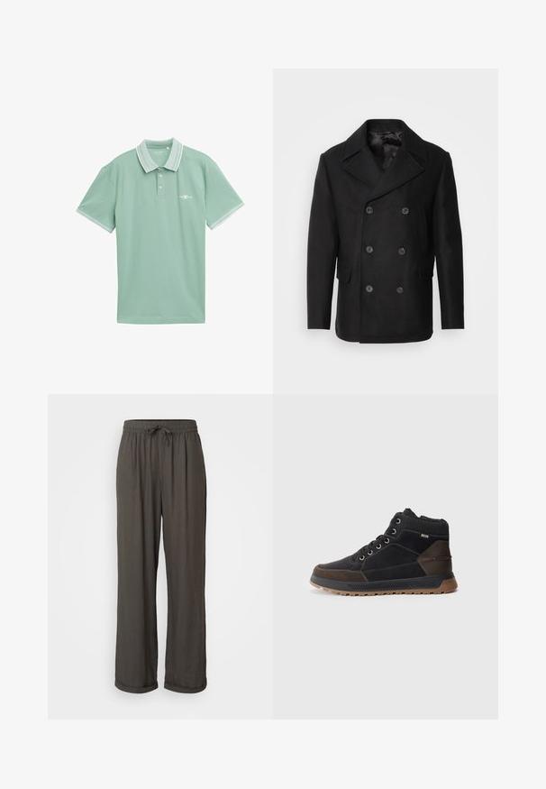 Isaac Dewhirst NEW SHORT PEACOAT SIDE ENTRY - Ľahká bunda - black; Svetlozelená polo košeľa vyrobená z mäkkej tkaniny, s klasickým golierom a kontrastnou bielou lemovkou a malým logom na hrudi.; Tmavošedé nohavice s voľným strihom a šnúrkou v páse, vyrobené z mäkkej, textúrovanej tkaniny, s rolovanými manžetami na členkoch.; Pánske vysoké sneakers v čiernej a hnedej farbe. Vyrobené z kože a syntetických materiálov, s textúrovaným golierom, šnúrkami a gumovou podrážkou.