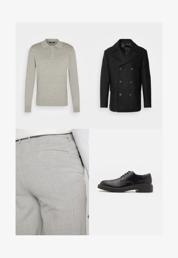 Isaac Dewhirst NEW SHORT PEACOAT SIDE ENTRY - Übergangsjacke - black; Langärmliges, hellgraues Polohemd aus weichem Stoff mit einer Knopfleiste mit drei Knöpfen und gerippten Bündchen, das über ein klassisches Kragen Design verfügt.; Hellgraue, maßgeschneiderte Hose aus strukturiertem Stoff, mit einer einzelnen Gesäßtasche und sauberer Nahtführung.; Schwarzer Leder-Schnürschuh mit abgerundetem Zeh, glatter Textur, minimaler Naht und niedrigem Gummiabsatz. Logo auf der Ferse.