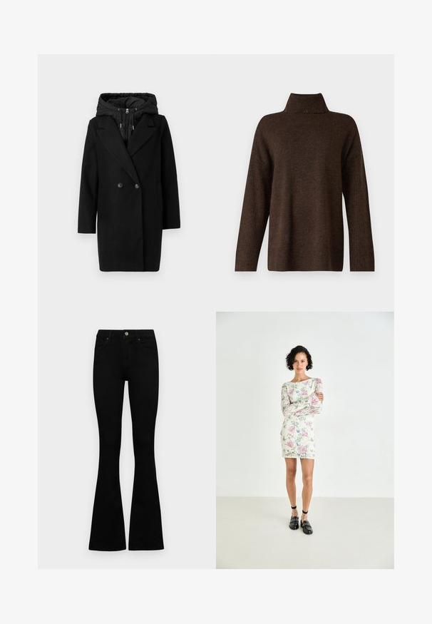 Vero Moda VMGRACE COAT - Wintermantel - black; Brauner Strickpullover mit hohem Rippkragen, weiten Ärmeln und weicher Textur. Verfügt über eine lockere Passform und Rippdetails an den Ärmeln.; Schwarze hochtaillierte Jeans mit einem Knopf- und Reißverschluss, Fronttaschen und ausgestellten Beinen, flach auf einem weißen Hintergrund ausgelegt.; Blumige Spitzen-Mini-Kleid mit langen Ärmeln, das pinke und blaue Muster auf einem cremefarbenen Hintergrund zeigt. Schwarze Slipper mit Nieten und Knöchelriemen.