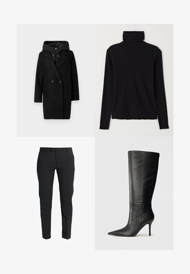 Vero Moda VMGRACE COAT - Zimski kaput - black; Crna majica s visokim ovratnikom od rebrastog materijala. Dugi rukavi, uski dizajn i blago opuštena donja linija bez vidljivih uzoraka ili hardvera.; Crne krojene hlače izrađene od glatkog materijala, s uskim krojem, ravnim nogavicama, bočnim džepovima i ravnim prednjim dijelom s patentnim zatvaračem.; Crne kožne čizme do koljena s šiljastim vrhom i uskim stiklama, glatke teksture, bočni profil na neutralnoj pozadini.