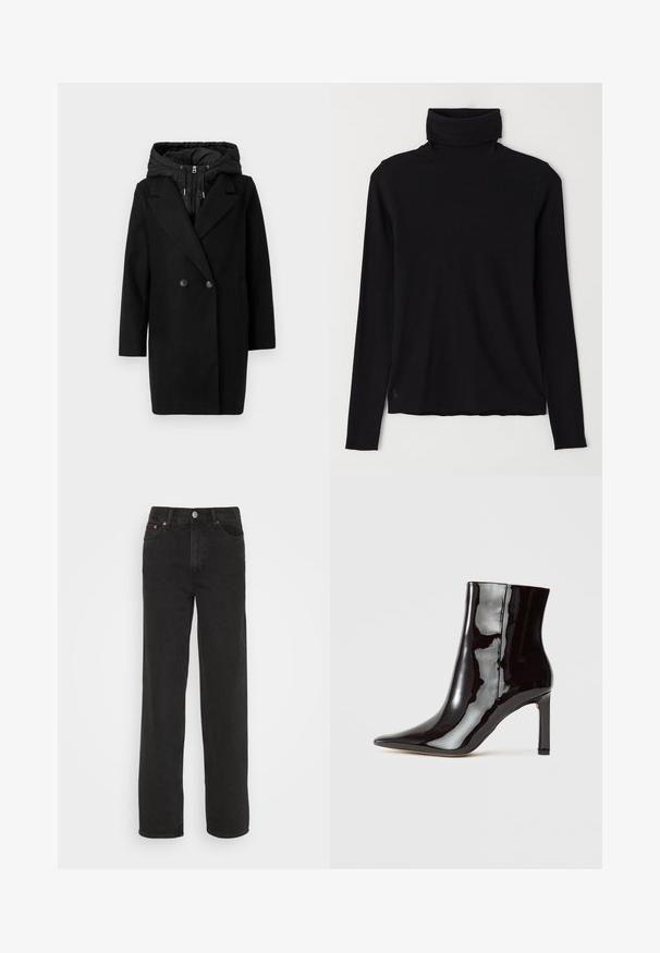 Vero Moda VMGRACE COAT - Vinterfrakke - black; Sort turtleneck sweater lavet af ribbet stof. Lange ærmer, tætsiddende design og en let afslappet kant uden synlige mønstre eller hardware.; Sorte lige jeans med fem lommer, forknap og bæltesløjfer, præsenteret mod en hvid baggrund.; Sorte lakerede ankelstøvler med spids tå og slank silhuet. Har en stilettahæl og en glat tekstur.