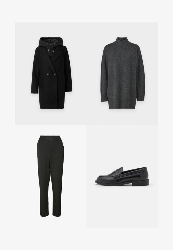 Vero Moda VMGRACE COAT - Geacă - black; Pulover oversized, de culoare gri închis, cu guler înalt, confecționat dintr-un material tricotat moale, cu mâneci lungi și un tiv texturat; textură netedă, design minimalist.; Pantaloni negri personalizați, dintr-un material neted, cu un design drept, bucle pentru curea și talie mijlocie. Fără accente sau modele vizibile.; Loaferi negri din piele, cu o textură netedă, vârf rotund, detalii cusute pe partea superioară și o talpă joasă, plată din cauciuc.