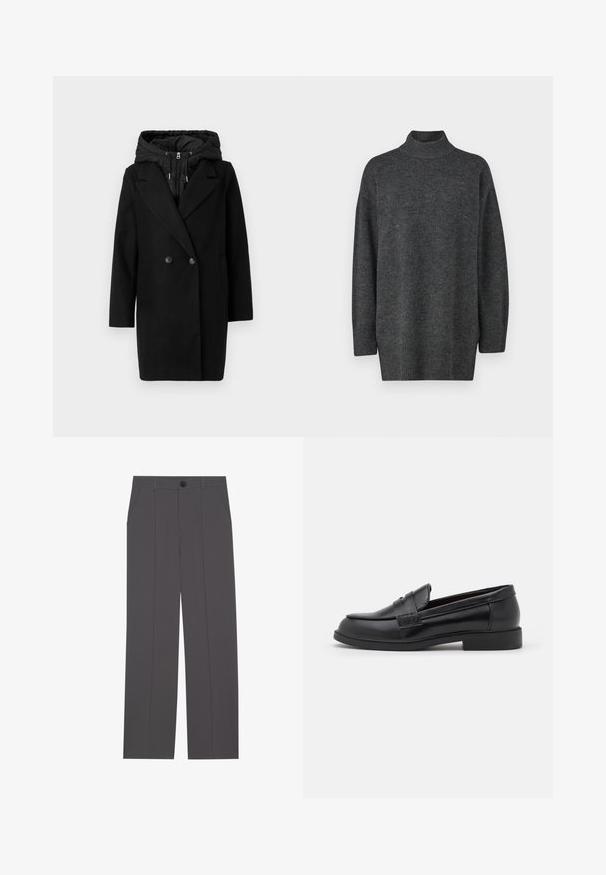 Vero Moda VMGRACE COAT - Manteau d'hiver - black; Pull noir gris, ample, encolure boule, fabriqué en matériau tricoté doux, avec des manches longues et un ourlet côtelé ; texture lisse, design minimaliste.; Pantalons gris avec une coupe droite, comprenant deux poches latérales et une fermeture à bouton. Tissu lisse sans motifs ni accents visibles.; Mocassins en cuir noir avec une texture lisse, un bout arrondi, des coutures décoratives sur le dessus, et une semelle en caoutchouc plate et basse.