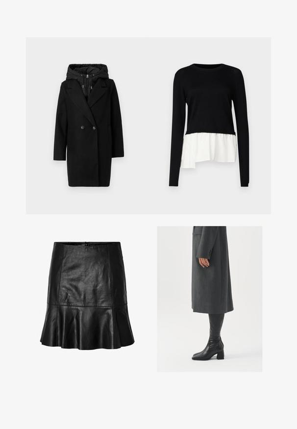 Vero Moda VMGRACE COAT - Talvitakki - black; Musta pitkähihainen paita, jossa on kontrastina valkoinen röyhelöhelma, pyöreä kaula-aukko ja pehmeä tekstuuri. Suunniteltu rentoon istuvuuteen.; Mustat nahka mini-hameet, joissa on levenevä helma ja näkyvät ompelutiedot, varustettuna takana olevan vetoketju sulkemisen kanssa.; Harmaa, muotoiltu pitkätakki suoran leikkauksen kanssa; yhdistetty polven yli yltäviin mustiin nahkasaappaisiin, joissa on neliön muotoinen kärki ja paksu kanta.
