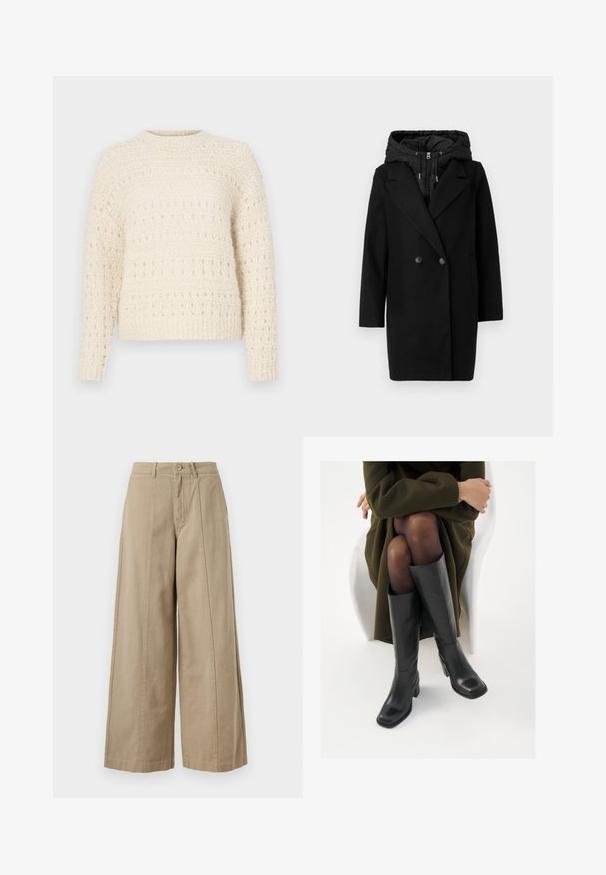 Vero Moda VMGRACE COAT - Žieminis paltas - black; Kreminė megztinė su tekstūriniu pynimu, turinčia horizontalių juostelių ir atvirų siūlių. Apvalus kaklas ir ilgomis rankovėmis. Minkšta, storoka medžiaga.; Smėlio spalvos plačios kelnės, pagamintos iš tvirto medvilnės, su mygtuko užsegimu, diržo kilpomis ir švariu priekiu be matomų kišenių.; Juodos odinės pradžios ilgio bateliai su kvadratu formos nosimi ir bloko kulnu, demonstruojami su modeliu, sėdinčiu alyvuogių žalios spalvos švarku. Lygi tekstūra, minimalus puošimas.