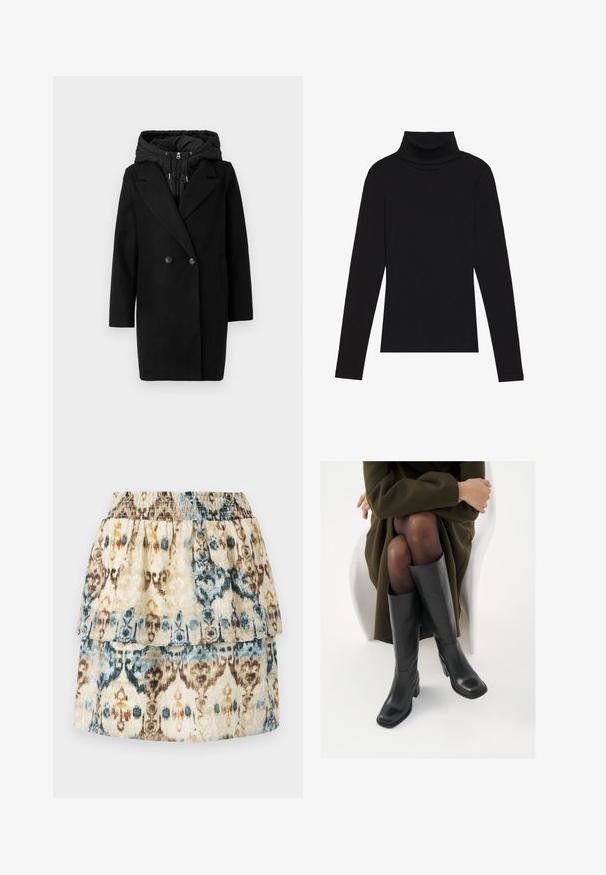 Vero Moda VMGRACE COAT - Téli kabát - black; Fekete garbónyakú, hosszú ujjú felső, bordás anyagból készült, testhez álló fazonnal, magas nyakkal, minták és díszítések nélkül.; Bezsínű, réteges szoknya, kék és barna árnyalatú ikat mintával. Gumis dereka és fodros szegése extra textúrát kölcsönöz.; Térdfelett érő fekete bőr csizmák négyzet alakú orral és tömbtalppal, olajzöld kabátban ülő modellel bemutatva. Simaság, minimalista részletezés.