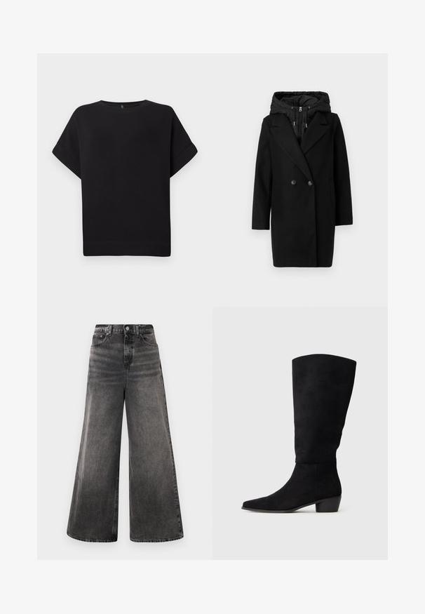 Vero Moda VMGRACE COAT - Téli kabát - black; Fekete, rövid ujjú póló, puha anyagból készült, kerek nyakkivágással és laza szabással, varrott szegéllyel és látható minták nélkül.; Széles lábú fekete farmernadrág, megfakult mosással, öt zsebes dizájnnal és gombos záródással a derékrészen, varrott részletekkel.; Fekete velúr térd fölé nyúló csizma alacsony tömbsarkal és hegyes orral, oldalnézetben, sima világosszürke háttérrel.