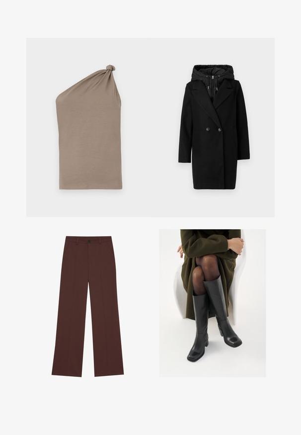 Vero Moda VMGRACE COAT - Winter coat - black; Asymmetrical brown top made of soft fabric, featuring a knotted shoulder detail with a smooth texture and a single-sleeve design.; Wide-leg trousers in a rich brown fabric. Features a button closure, two front pockets, smooth texture, and clean lines.; Knee-high black leather boots with a squared toe and block heel, shown with a model seated in an olive green coat. Smooth texture, minimal detailing.