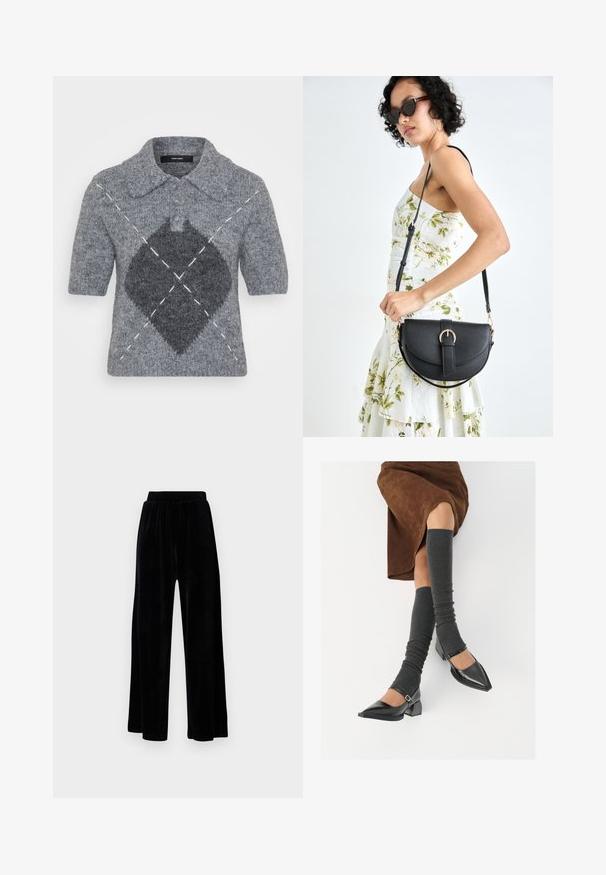 Vero Moda VMGRACE COAT - Talvemantel - black; Lühikeste varrukatega polo-sviiter hallist villast, millel on tumeda halli teemantmustri ja valgete õmblusdetailidega. Klassikaline krae koos nuppudega.; Mustad laiad püksid, mis on valmistatud pehmest sametist, elastse vöökoha ja siledaga, ilma nähtavate detailide või mustriteta.; Mustad patsaline odav värviga kingad, millel on kreen ja pahkluuring, on paaritatud hallide ribakudumitega sääremiidega ja pruunist nahast seelikuga.; Mustmust mustraha kõverate joontega, eemaldatava rihmaga ja kuldsete detailidega. Kotil on klapp, millel on pandladetail.