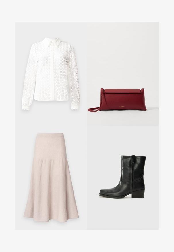 Burgundiškas vilnos paltas su tiesia forma, pilno ilgio rankovėmis, šoninėmis kišenėmis ir išpjautu apykakle. Pridedamas priekinis užsegimas.; Balta palaidinė, pagaminta iš nėriniams panašaus audinio, su klasikine apykakle, ilgomis rankovėmis su banguotais rankogaliais ir mygtukais užsegama priekyje su dekoratyviniais akcentais.; Šviesiai smėlio spalvos platėjanti sijonas iš minkštos medžiagos, pasižymi aukštu liemeniu ir gathered dizainu su laisvai krentančia siluetu.; Juodi odiniai aulinukai iki kulkšnies su apvali nosimi, blokuotais kulnais, šonine užtrauktuku ir siuvimo akcentais ant viršutinės dalies. Lygi tekstūra, klasikinis dizainas.; Raudona odinė rankinė su tekstūruotu paviršiumi, turinti plokščią užlenkiamą viršų ir trumpą dirželį. Subtilus prekės ženklo logotipas priekyje.