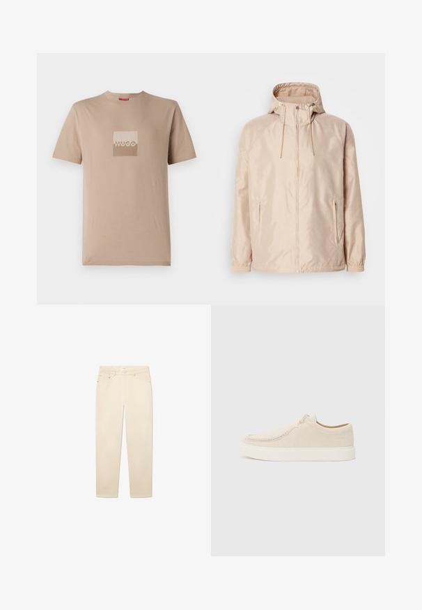 Jaqueta leve beige com capuz, apresentando um fecho de correr completo, dois bolsos laterais, punhos elásticos e um padrão de logótipo em relevo sutil.; T-shirt bege feita de algodão, com um logo quadrado em tons de branco e castanho claro. Mangas curtas, gola redonda, ajuste standard.; Calças de ganga em bege branco com corte reto, apresentando cinco bolsos, fecho de botão e zipper, e detalhes de costura subtis.; Sapatilha de camurça bege clara com bico arredondado, costura mínima e sola de borracha branca. Apresenta um fecho de atacadores simples e um detalhe de marca.