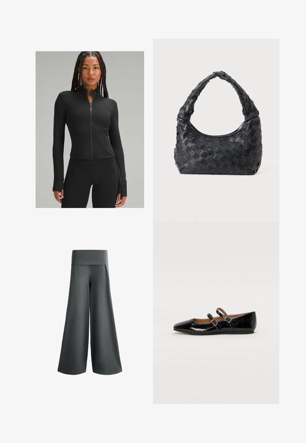 Svart träningsjacka med hög krage, hel dragkedja, figursydd design, platta sömmar och tummhål vid ärmsluten. Slät, stretchig tyg.; Långärmad tröja i ljusbeige bomull. Rund hals med rak fåll, minimala sömmar och slät textur. Enkel design utan mönster eller dekorationer.; OYSHO FOLDOVER WAIST COTTON BLEND PALAZZO - Tygbyxor - grey; Svart lacklädersballerina med spetsig tå, två justerbara remmar med spännen och en platt sula. Slät yta med en glänsande finish.; Svart lädervävd axelväska med ett rundat handtag och en halvmåneformad kropp mot en plain bakgrund.