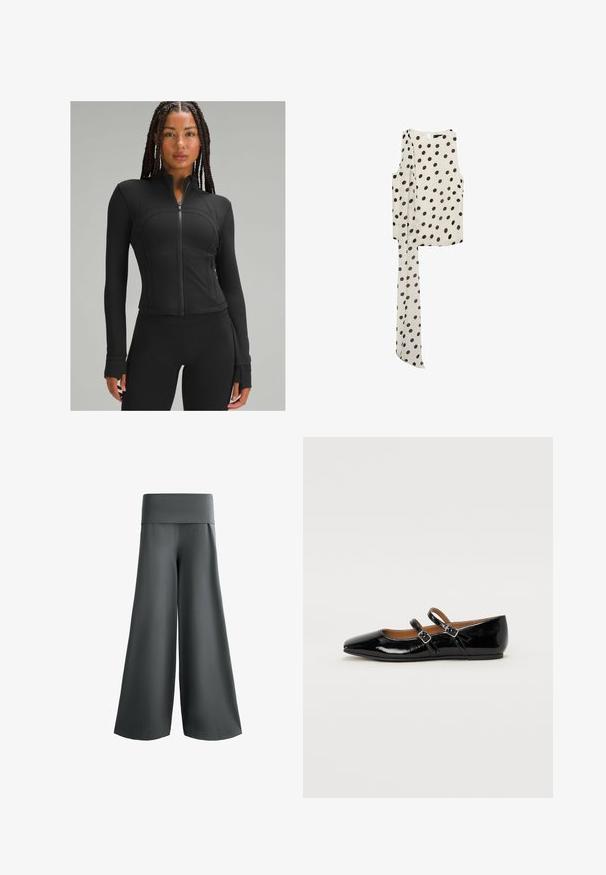 Svart träningsjacka med hög krage, hel dragkedja, figursydd design, platta sömmar och tummhål vid ärmsluten. Slät, stretchig tyg.; Mango ADELA - Linne - off-white; OYSHO FOLDOVER WAIST COTTON BLEND PALAZZO - Tygbyxor - grey; Svart lacklädersballerina med spetsig tå, två justerbara remmar med spännen och en platt sula. Slät yta med en glänsande finish.