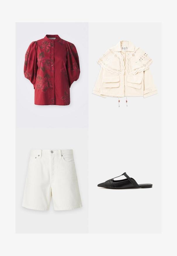 Giacca cremosa con colletto a cappuccio ricamato e scallop, due tasche frontali a soffietto, chiusura a bottoni e fascette regolabili sui polsini.; Blusa bordeaux con colletto rotondo, chiusura a bottoni e maniche a sbuffo. Presenta un motivo floreale in tonalità più scure e una texture in cotone morbido.; Shorts di denim bianco con taglio dritto, design a cinque tasche, chiusura frontale con bottone, accessori in argento e dettagli cuciti.; Scarpa slingback in pelle nera con punta appuntita, con un dettaglio intrecciato e un design superiore plissettato. Suola piatta con hardware minimale.