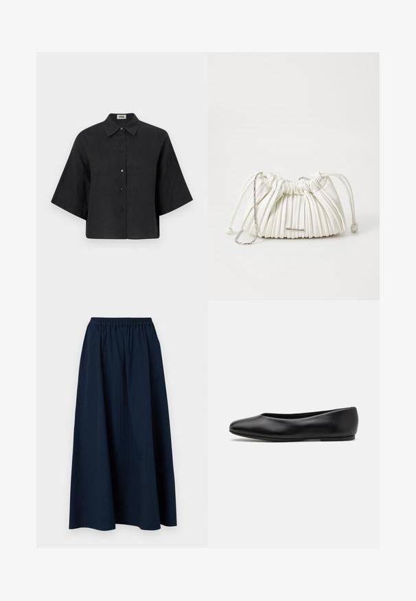 Black puffer jacket with a hood, featuring a quilted design, snap buttons, and two front pockets. Elastic cuffs and a slightly cropped fit.; Gray v-neck sweater made of soft wool-blend fabric, featuring long sleeves and a relaxed fit. Simple, minimal design with no prominent patterns.; Black linen cropped shirt with a pointed collar, short sleeves, and front button closure. Features a relaxed fit and smooth texture.; Navy blue, full-length skirt made from textured fabric with an elastic waistband and subtle vertical stripes.; Paul Smith TOPANGA - Ballet pumps - black; White pleated handbag made of soft material. Features drawstring closure, braided handles, and a silver-tone hardware accent.