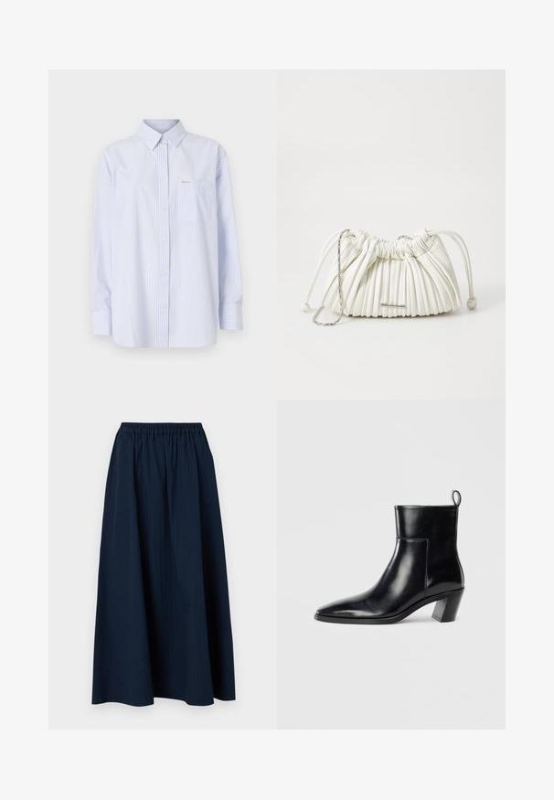 Jachetă puffer neagră cu glugă, având un design matlasat, nasturi tip snap și două buzunare frontale. Mansete elastice și o croială ușor scurtată.; Pulover gri cu decolteu în formă de V, confecționat dintr-un material moale din amestec de lână, având mâneci lungi și o croială lejeră. Design simplu, minimalist, fără tipare evidente.; Cămașă cu dungi albastre deschise și albe, cu guler clasic, mâneci lungi, un buzunar frontal și un mic etichetă cu logo.; Fustă lungă, bleu marin, confecționată dintr-un material texturat, cu un elastic la talie și dungi verticale subtile.; Cizme negre din piele până la gleznă, cu vârful ascuțit, toc geometric patrulat și un manșon pentru tragere în spate. Textură netedă și design elegant.; Geantă albă plisată, fabricată din material moale. Prezintă închidere cu șnur, mânere împletite și un accent de metal cu nuanță argintie.