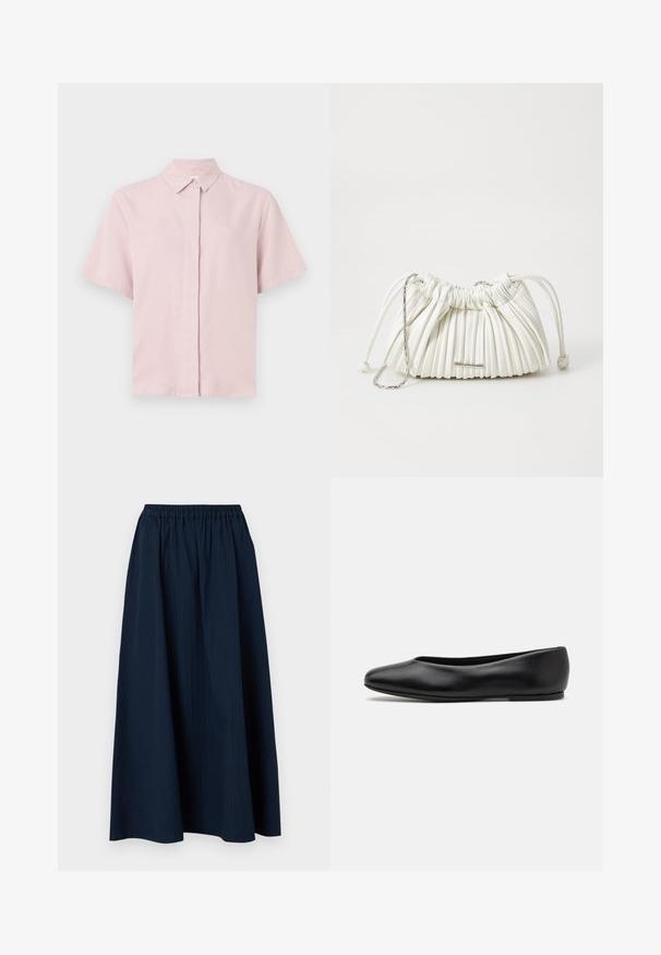 Musta puhvitakki hupulla, jossa on tikattu muotoilu, napit ja kaksi etutaskua. Elastiset hihansuut ja hieman lyhyempi malli.; Harmaa V-pääntie neulepaita, joka on valmistettu pehmeästä villasekoitekankaasta. Siinä on pitkät hihat ja rento istuvuus. Yksinkertainen, minimalistinen muotoilu ilman erityisiä kuvioita.; Vaaleanpunainen lyhythihainen paita, jossa on klassinen kaulus ja nappikiinnitys edessä. Valmistettu sileästä kankaasta, hieman rento malli.; Laivastonsininen, kokopitkä hame, joka on valmistettu tekstuurillisesta kankaasta ja jossa on joustava vyötärö ja hienovaraiset pystysuorat raidat.; Paul Smith TOPANGA - Ballerinat - black; Valkoinen pussukka, jossa on laskostettu muotoilu ja pehmeä materiaali. Varustettu nyörisulkimella, punottuilla kahvoilla ja hopeanvärisellä koristeella.