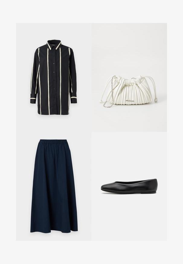 Črna puhovka s kapuco, z luksuznim prešitjem, s pritrdilnimi gumbi in dvema sprednjima žepoma. Elastični manšeti in rahlo skrajšan kroj.; Siv svetr z V-vratom, izdelan iz mehkega volnenega materiala, ima dolge rokave in sproščen kroj. Enostaven, minimalističen dizajn brez izrazitih vzorcev.; Črna dolga majica z dolgimi rokavi z vertikalnimi bež črtami, z gumbom spredaj, klasičen ovratnik ter kontrastni robovi in obroba ovratnika.; Mornarsko modra, dolga krila iz teksturirane tkanine z elastičnim pasom in subtilnimi vertikalnimi črtami.; Paul Smith TOPANGA - Balerinke - black; Bela plisirana torba iz mehkega materiala. Ima vrvico za zapiranje, pletene ročaje in srebrn obroč kot poudarek.