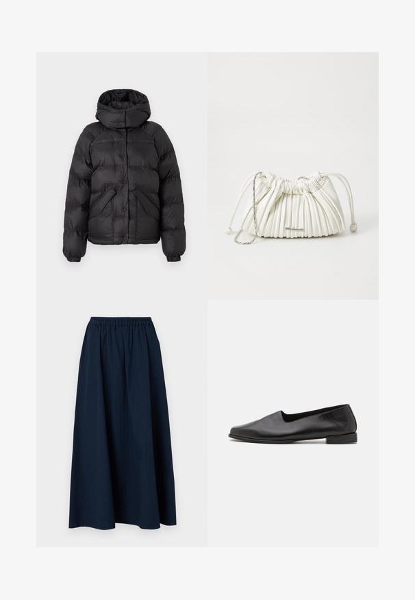 Svart pufferjakke med hette, med kviltet design, trykknapper og to frontlommer. Elastiske mansjetter og en litt cropped passform.; Grå v-halsgenser laget av mykt ullblandingsstoff, med lange ermer og en avslappet passform. Enkel, minimalistisk design uten fremtredende mønstre.; Mørkeblå, hel lengde skjørt laget av teksturert stoff med elastisk midje og subtile vertikale striper.; Sort lær flatsko med en glat tekstur. Har en lav, rektangulær hæl og en rund tå. Simpelt design med minimale accenter.; Hvit plisserte håndveske laget av mykt materiale. Har snøring, flettede håndtak og en sølvfarget hardwaredetalj.