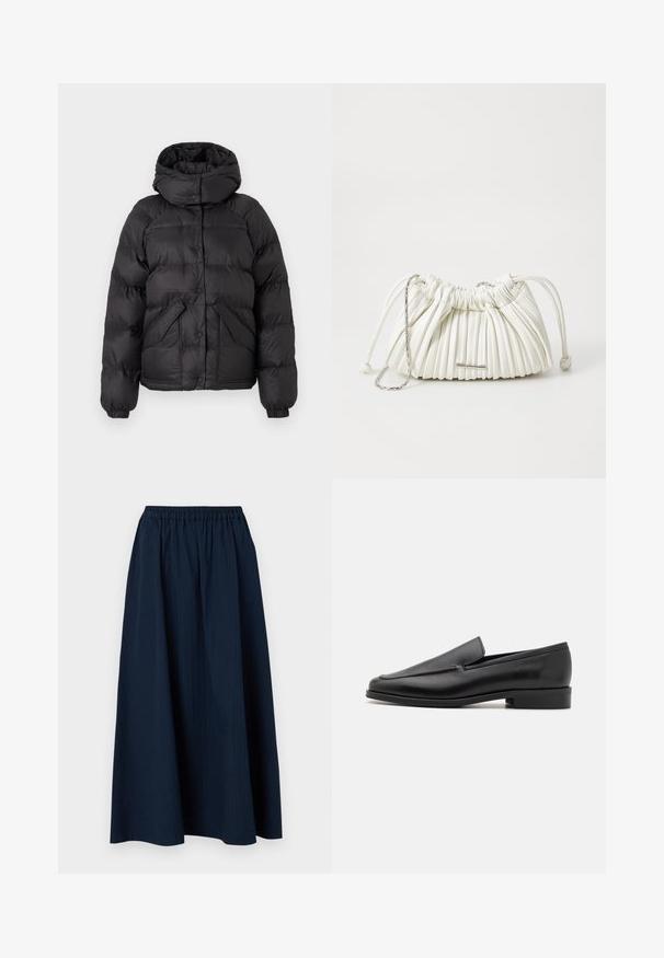 Musta puhvitakki hupulla, jossa on tikattu muotoilu, napit ja kaksi etutaskua. Elastiset hihansuut ja hieman lyhyempi malli.; Harmaa V-pääntie neulepaita, joka on valmistettu pehmeästä villasekoitekankaasta. Siinä on pitkät hihat ja rento istuvuus. Yksinkertainen, minimalistinen muotoilu ilman erityisiä kuvioita.; Laivastonsininen, kokopitkä hame, joka on valmistettu tekstuurillisesta kankaasta ja jossa on joustava vyötärö ja hienovaraiset pystysuorat raidat.; Mustat nahkakengät, joissa on pyöreä kärki, sileä pinta, hillitty ommelyksitys ja matala, tukeva korko. Tasapohjainen muotoilu mukavuutta varten.; Valkoinen pussukka, jossa on laskostettu muotoilu ja pehmeä materiaali. Varustettu nyörisulkimella, punottuilla kahvoilla ja hopeanvärisellä koristeella.