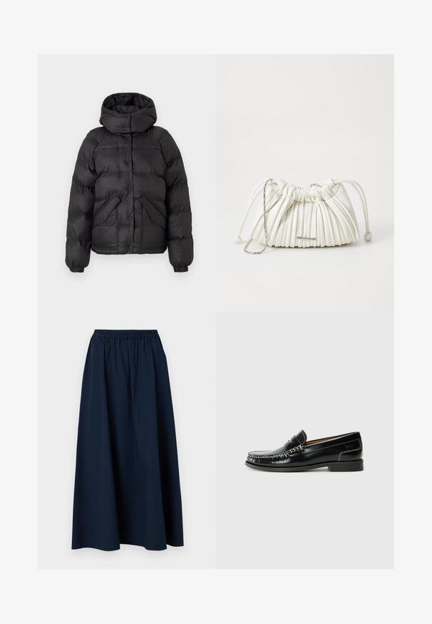 Juodas pūkinis švarkas su gobtuvu, pasižymintis siuvinėtu dizainu, užsegamais mygtukais ir dviem priekinėmis kišenėmis. Elastingi rankogaliai ir šiek tiek trumpesnis fasonas.; Pilkas V-kaklo megztinis, pagamintas iš minkštos vilnos ir sintetinių pluoštų mišinio, su ilgomis rankovėmis ir laisvu iškirpimu. Paprastas, minimalus dizainas be ryškių raštų.; Tamsiai mėlyna, ilga sijonas pagamintas iš tekstūruoto audinio su elastinga juosmens juosta ir subtiliomis vertikaliomis juostelėmis.; Juodi odiniai loaferiai su siuvinėtu dizainu, lygiu paviršiumi, žemu blokiniu kulnu ir sidabro akcentais. Klasikinė apvalios nosies forma.; Balta klostuota rankinė, pagaminta iš minkštos medžiagos. Su raišteliu uždarymo, pintomis rankenomis ir sidabro spalvos detalių akcentu.