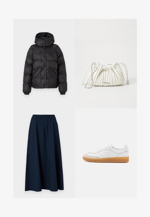 Jachetă puffer neagră cu glugă, având un design matlasat, nasturi tip snap și două buzunare frontale. Mansete elastice și o croială ușor scurtată.; Pulover gri cu decolteu în formă de V, confecționat dintr-un material moale din amestec de lână, având mâneci lungi și o croială lejeră. Design simplu, minimalist, fără tipare evidente.; Fustă lungă, bleu marin, confecționată dintr-un material texturat, cu un elastic la talie și dungi verticale subtile.; Adidași din piele albă cu accente din suede bej, talpă din cauciuc caramel și design cu șireturi. Au un branding subtil în aur.; Geantă albă plisată, fabricată din material moale. Prezintă închidere cu șnur, mânere împletite și un accent de metal cu nuanță argintie.