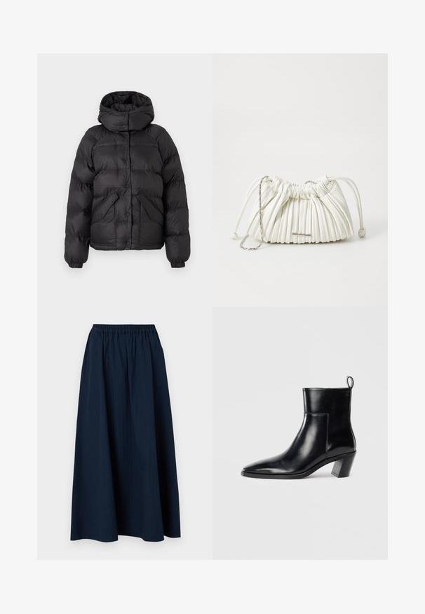 Schwarze Pufferjacke mit Kapuze, ausgestattet mit einem gesteppten Design, Druckknöpfen und zwei Fronttaschen. Elastische Bündchen und ein leicht verkürzter Schnitt.; Grauer V-Ausschnitt-Pullover aus weichem Wollmix, mit langen Ärmeln und lockerer Passform. Einfaches, minimalistisches Design ohne auffällige Muster.; Navyblaue, knöchellange Skirt aus strukturiertem Stoff mit einem elastischen Bund und dezenten vertikalen Streifen.; Schwarze Leder-Ankleboots mit spitzem Zeh, geometrischem Blockabsatz und einem Zugband hinten. Glatte Textur und elegantes Design.; Weiße plissierte Handtasche aus weichem Material. Verfügt über einen Kordelzugverschluss, geflochtene Griffe und ein silberfarbenes Hardware-Detail.