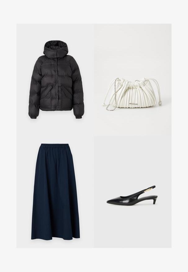 Melns pūkains jaka ar kapuci, ar kvadrātveida šuvu, pogām ar spiedpogu un divām priekšējām kabatām. Elastīgas aproces un nedaudz īsāka piegrieze.; Pelēks v-veida džemperis, kas izgatavots no mīksta vilnas maisījuma auduma, ar garām piedurknēm un brīvu piegriezumu. Vienkāršs, minimāls dizains bez izteiksmīgiem rakstiem.; Tumši zils, pilna garuma svārki, izgatavoti no tekstūras auduma ar elastīgu jostu un smalkām vertikālām svītrām.; Melnas ādas slingback zābaki ar smailu purngalu, ar šauru papēdi un zelta krāsas akcentu uz regulējama siksniņas. Gluda tekstūra.; Balts, krokotais rokassomas izgatavota no mīksta materiāla. Aprīkota ar saites aizdari, pītas rokturīšiem un sudraba toņa detaļām.