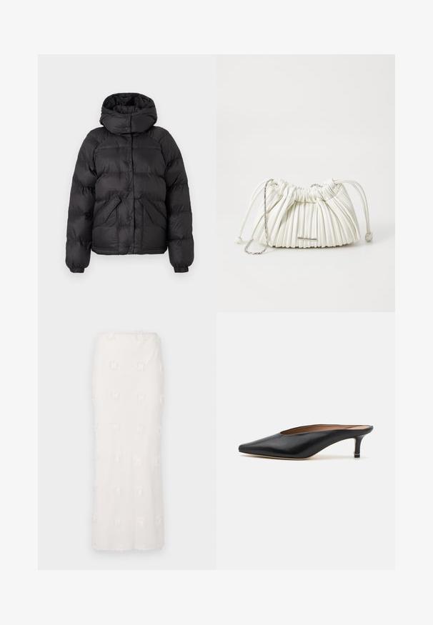 Melns pūkains jaka ar kapuci, ar kvadrātveida šuvu, pogām ar spiedpogu un divām priekšējām kabatām. Elastīgas aproces un nedaudz īsāka piegrieze.; Pelēks v-veida džemperis, kas izgatavots no mīksta vilnas maisījuma auduma, ar garām piedurknēm un brīvu piegriezumu. Vienkāršs, minimāls dizains bez izteiksmīgiem rakstiem.; Balta ceļa garuma svārki, izgatavoti no tekstūru auduma, ar izšūtu rakstu un smalkām frizēm. Taisna griezuma un bezšuvju josta.; Melnas ādas mūlas ar norādītu pirkstu un zemu, bloku papēdi. Gluda tekstūra ar elegantu dizainu. Atvērta aizmugure ar minimālu detaļu skaitu.; Balts, krokotais rokassomas izgatavota no mīksta materiāla. Aprīkota ar saites aizdari, pītas rokturīšiem un sudraba toņa detaļām.